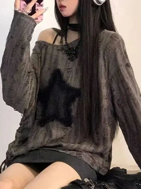 

Свободная длинная футболка Spicy Girl Sve, китайская шикарная женская толстовка Broken Sle Street Faion, повседневная одежда Roabilly