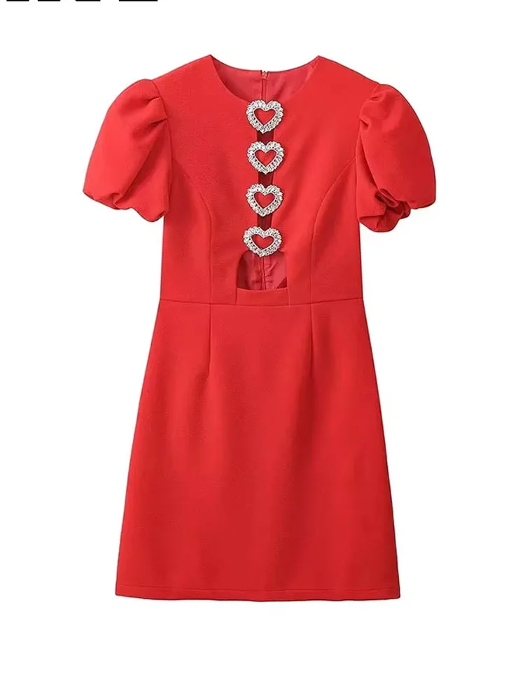 فستان نسائي صيفي قصير أحمر لعام 2024 برقبة دائرية ونمط قلب الحب وأكمام منتفخة فستان حفلات نسائي أسود ضيق #4