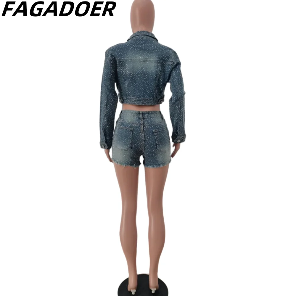 Fagador-デニムツーピースセット,半袖とショートパンツ,ラインストーン付き,レトロスタイル,y2k, 2024