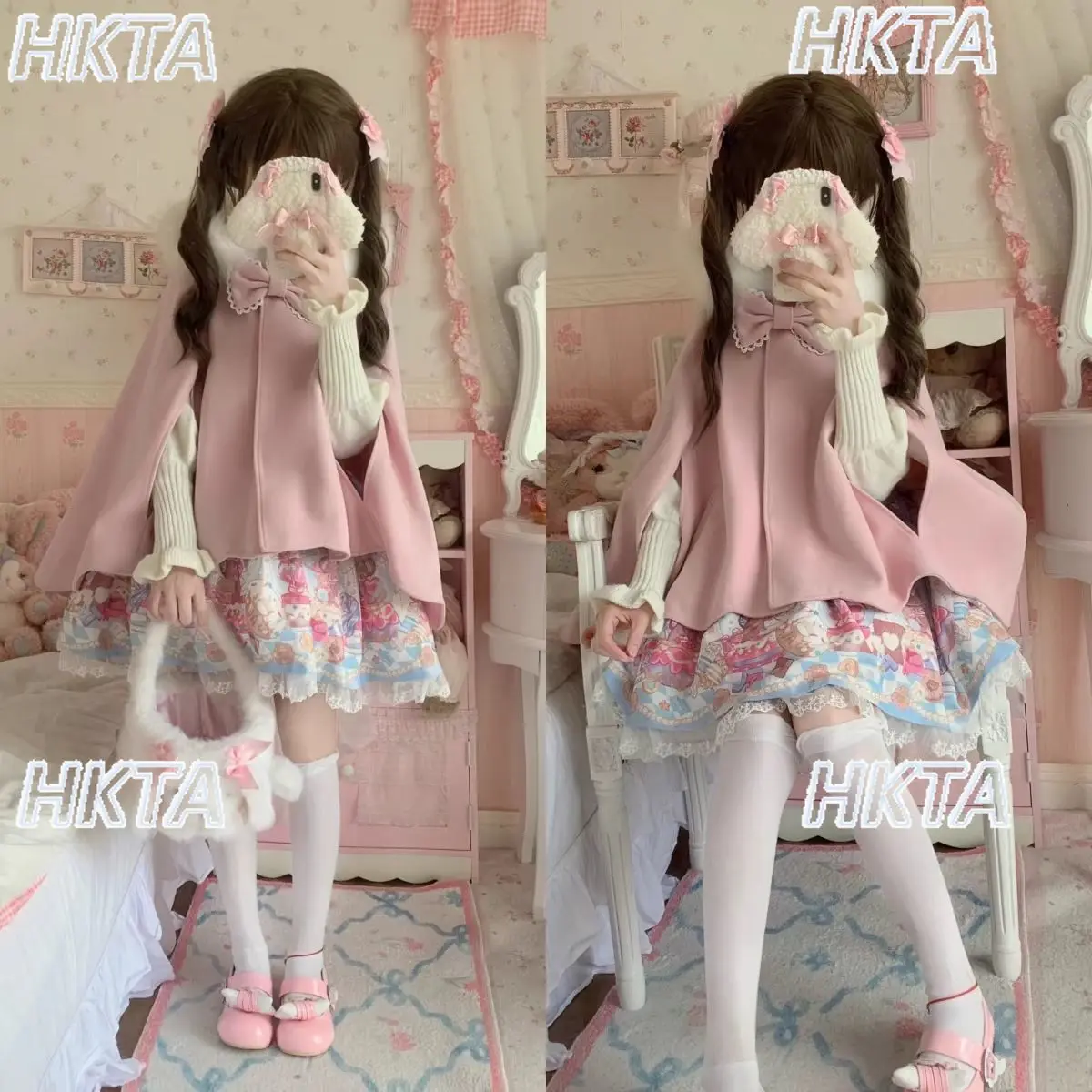 

Japanese Christmas Sweet Princess Lolita Hooded Jacket Girls Winter Fur Collar Splicing Petals Pendula Woolen Cloak Coats Women