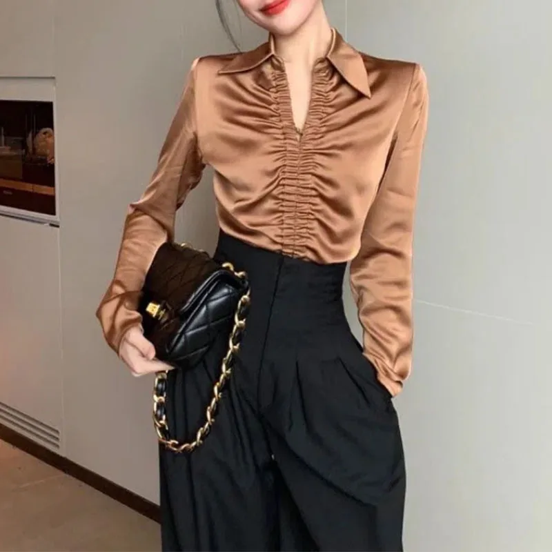 Vintage Black Satin Fabric Shirt Women Spring New Long Sleeve Folds Shirring V-neck Solid Color Texture Chic Elegant Tops 2024
