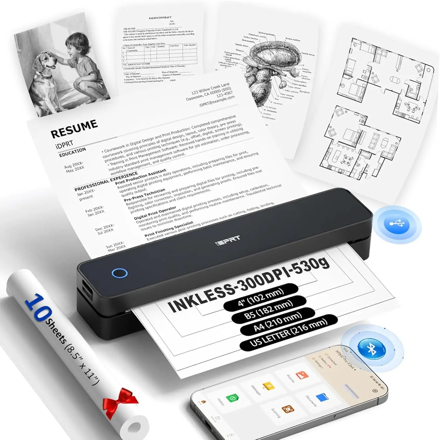 

Портативный термопринтер для путешествий, беспроводной, совместимый с Bluetooth, для iOS, Android, ноутбуков, поддерживает форматы A4 и US Letter.