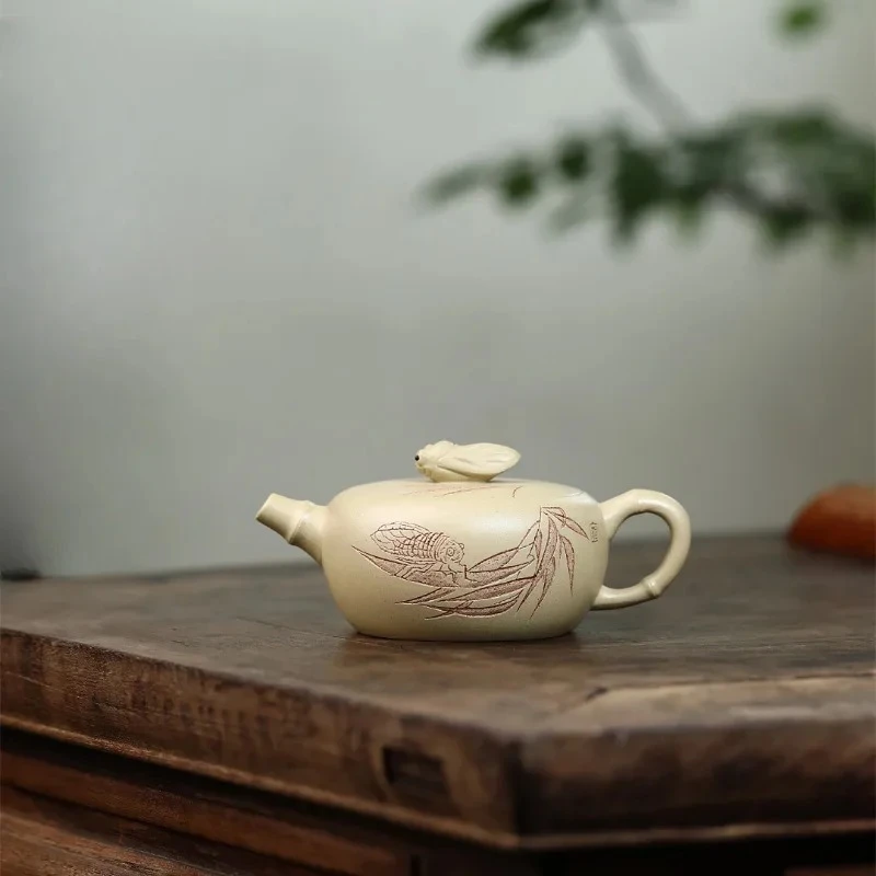 

13x5.5cm handmade purple clay teapot original mineral green mud cicada chirping high-end tea making pot Kung Fu tea set
