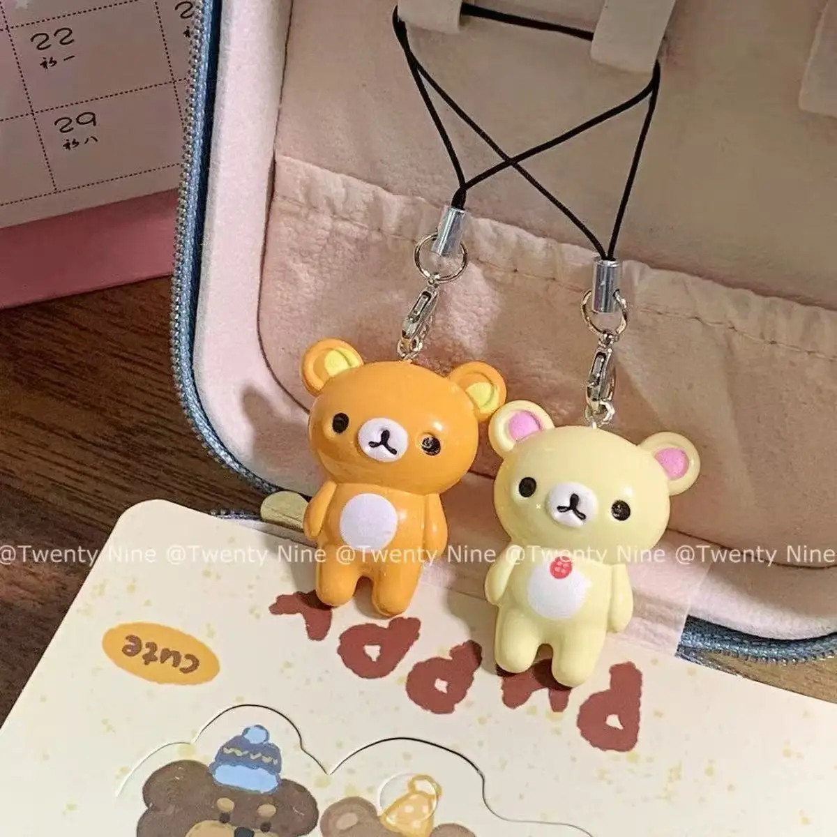 2PCS Kawaii Rilakkuma Easy Bear Phone Rope Chain Keyrings Lazybear Doll Keychains Bag Key Pendants Gift