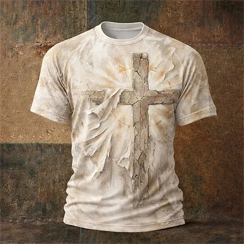 Christian Men's T-Shirt Summer Loose-Fit T-Shirt Gothic Style Jesus Christ Cross 3D Print Crew Neck Top Retro Short-Sleeve