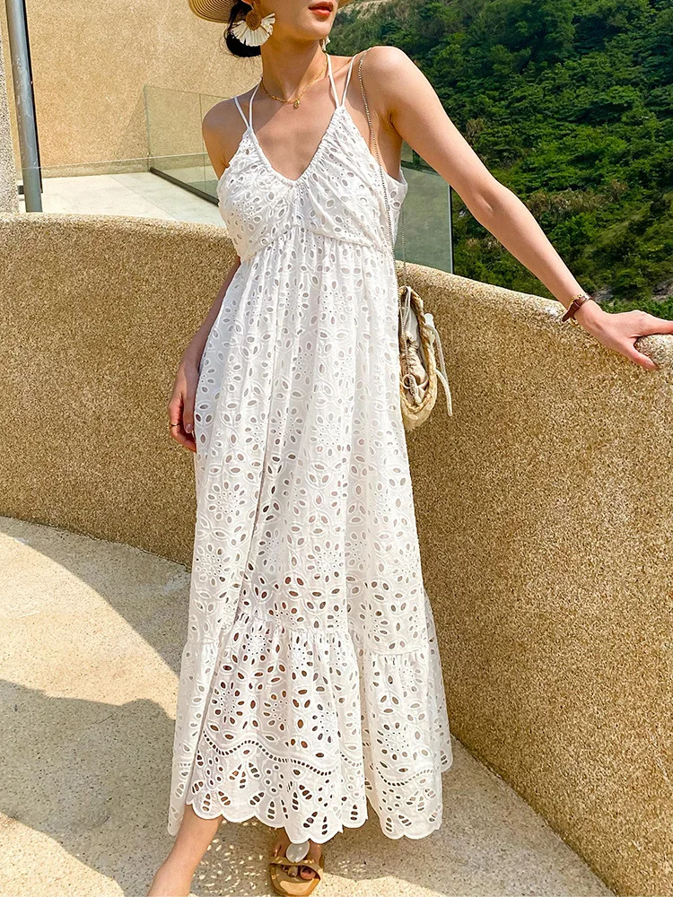 

GypsyLady Boho Summer Chic Maxi Dresse Cotton White Strappy Backless Hollow Out Sexy Summer Party Women Vocation Ladies Dress