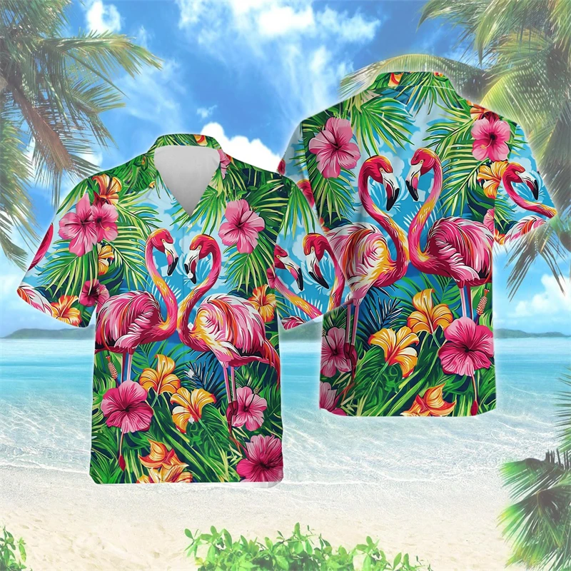 Hawaiian Flamingo 3D Printed Beach Shirt Hawaii Flower Animal Shirts Summer Men Clothes Vacation Lapel Blouse Bird Men Tops Tees