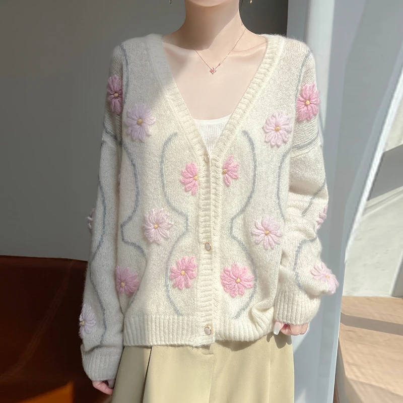

New 100% cashmere women's cardigan V-neck sweater, high-end knitted loose long sleeved women's summer thin jacket sweater