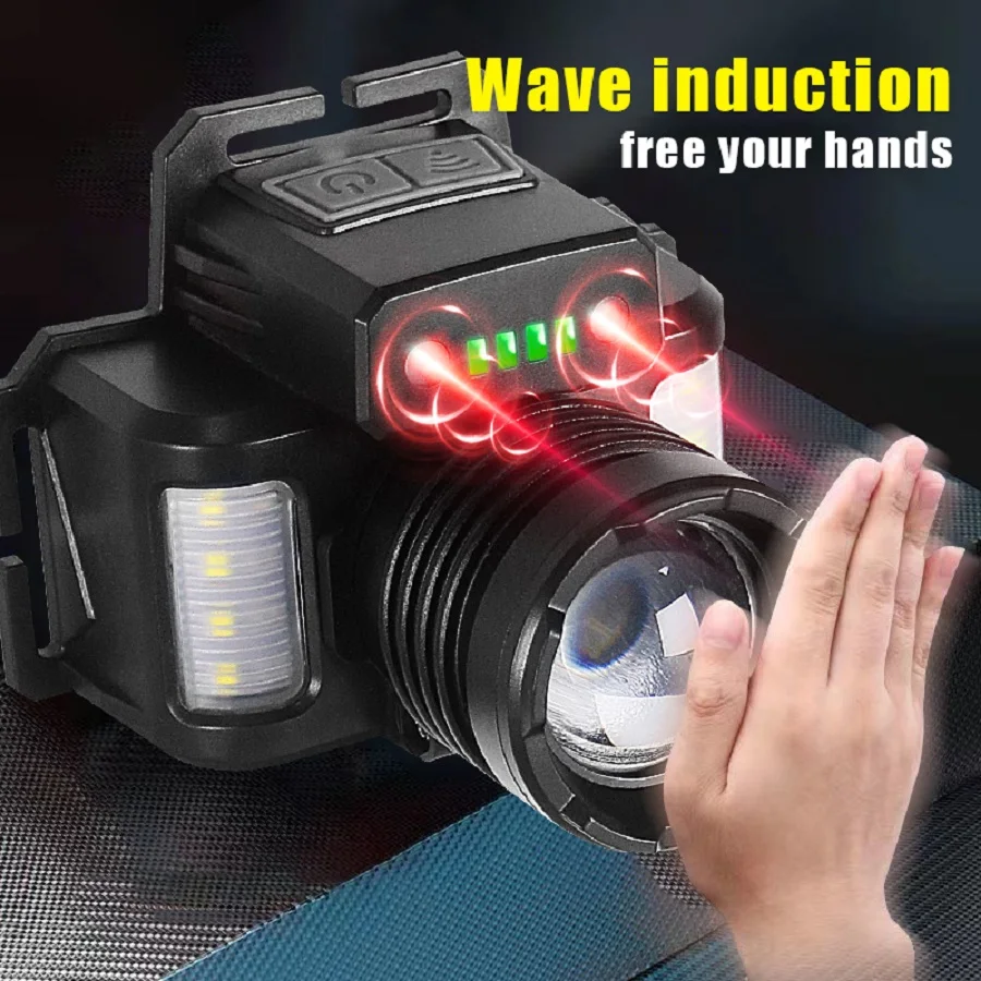 2026 NEW Powerful IR Sensor Headlamp Zoomable Rechargeable LED Headlight Built-in battery 1800M Head Flashlight Fishing Lantern