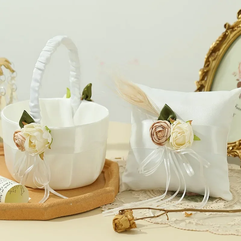 1pc Ivory Silk Flower Basket Flower Girl Gifts Tray Decorations Rustic Country Decor Ring Display Stand Proposal Ring Pillow