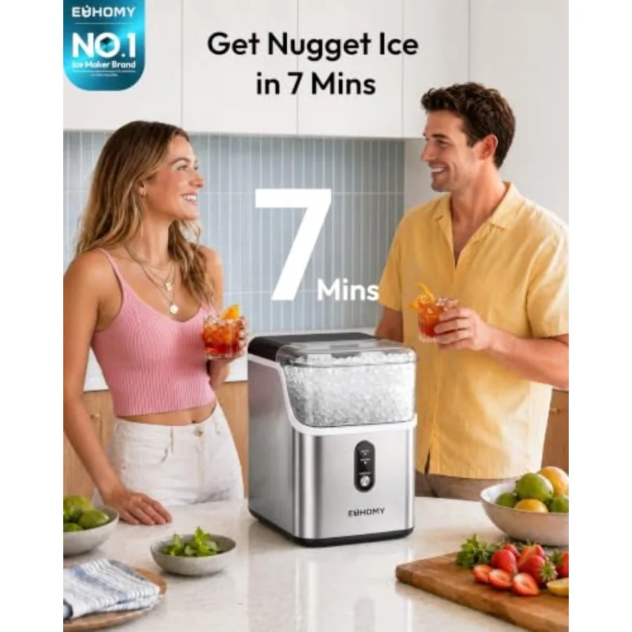 Countertop Nugget Ice Maker for Home Use, Stainless Steel, Silver, Ready in 7 Minutes with 35LB/24H Output and Self-Cleaning Fu