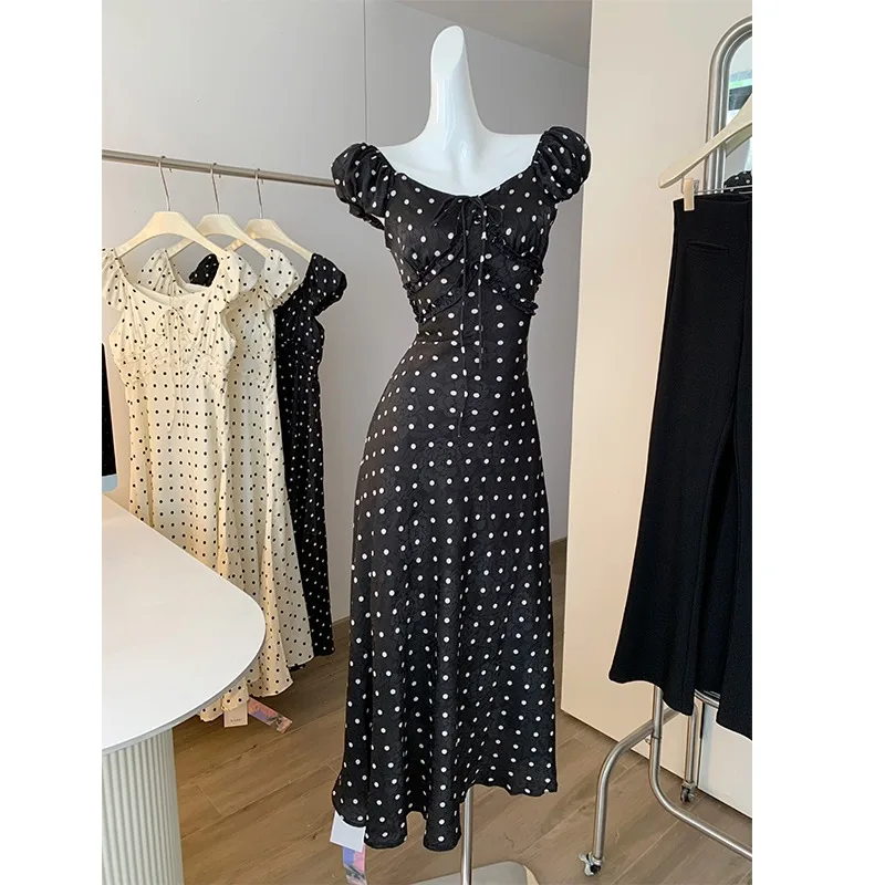 Robe élégante à manches courtes pour femmes, Style français, jupe longue amincissante, col à volants, à pois, été