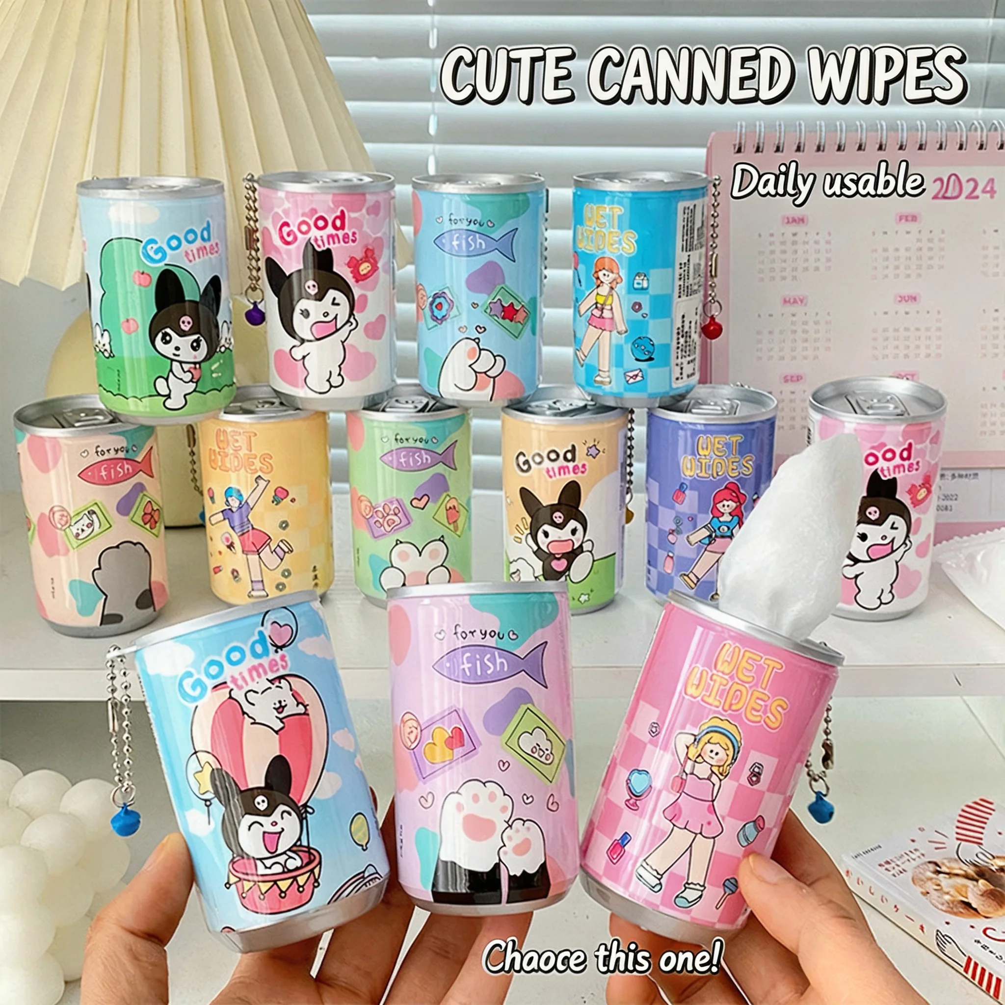 Cute Can‑Shaped Wet Wipes Dispenser Portable Travel Hand Face Wet Tissue with Chain for Purse Backpack Car Outdoor Novelty Party