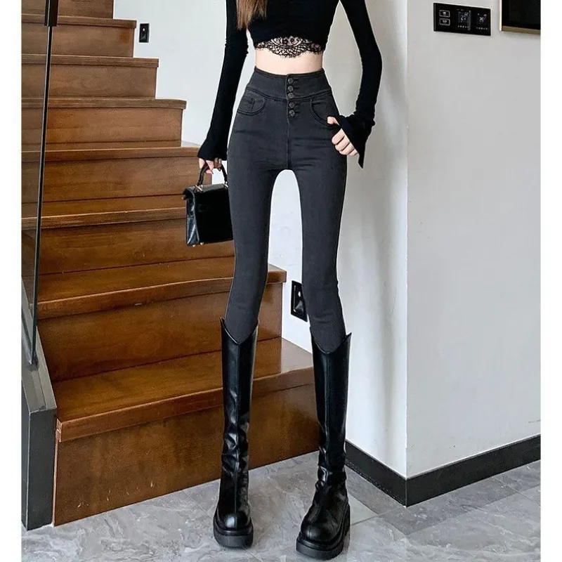 Jeans met hoge taille voor dames Nieuwe herfst- en winterstijl Elastisch afslankend strak hijsbillen Kleine voeten 9-inch potloodbroek
