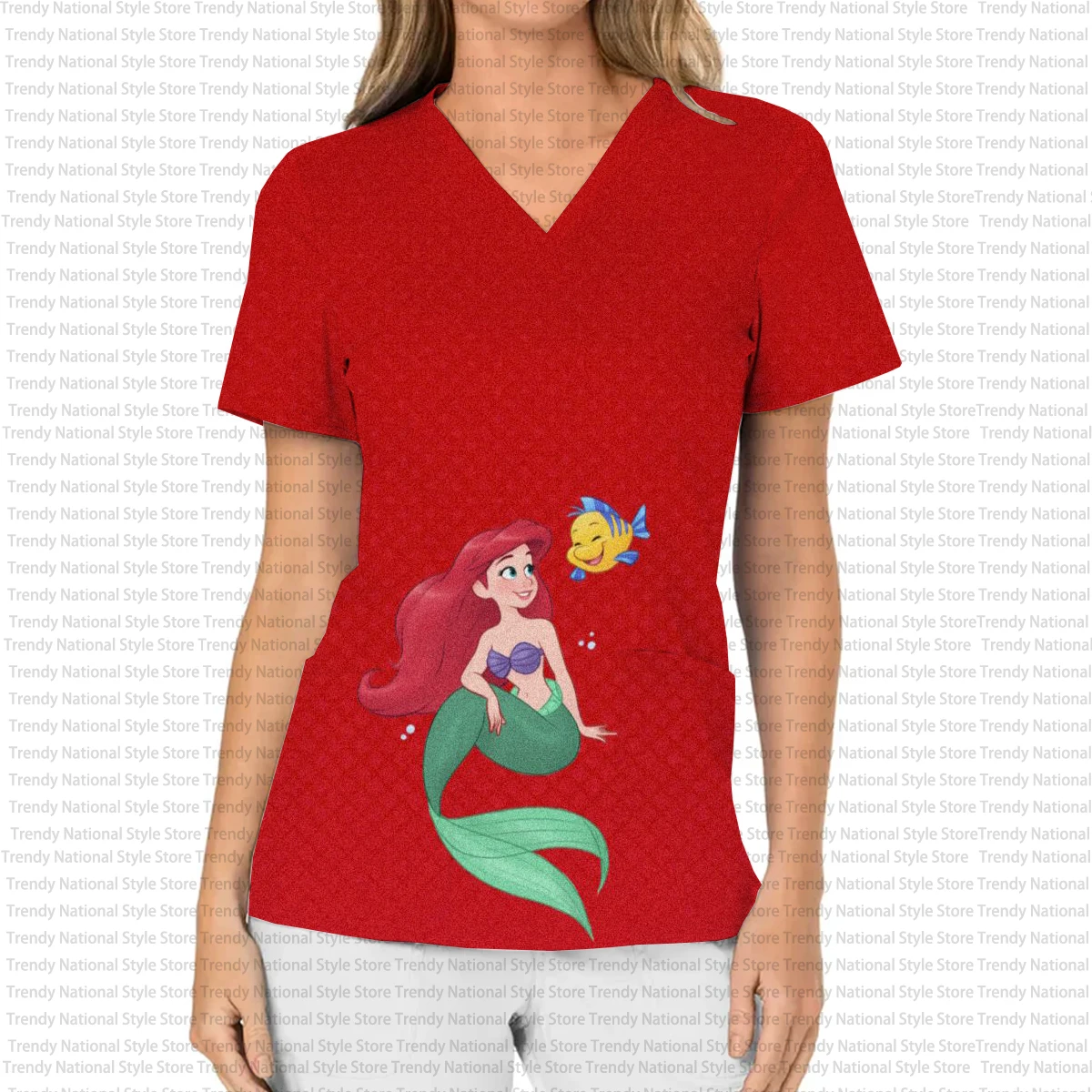 Disney Sirenetta Principessa Alice T-shirt da donna per negozio di animali ospedaliero da donna Uniforme da infermiera stampata Top opaco per allattamento