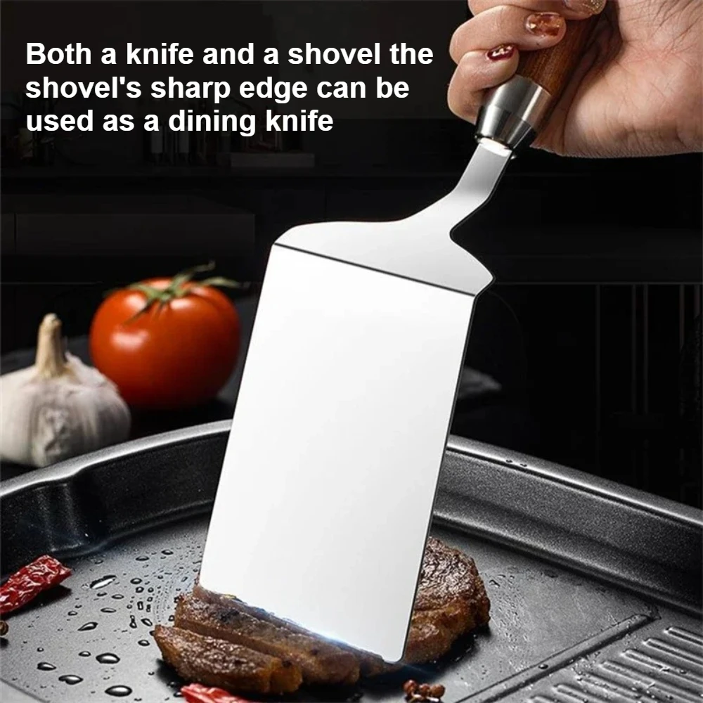 Stainless Steel Spatula with Wooden Handle Steak Griddle Spatula for Turning Serving Egg BBQ Fish Cake Burger Kitchenware