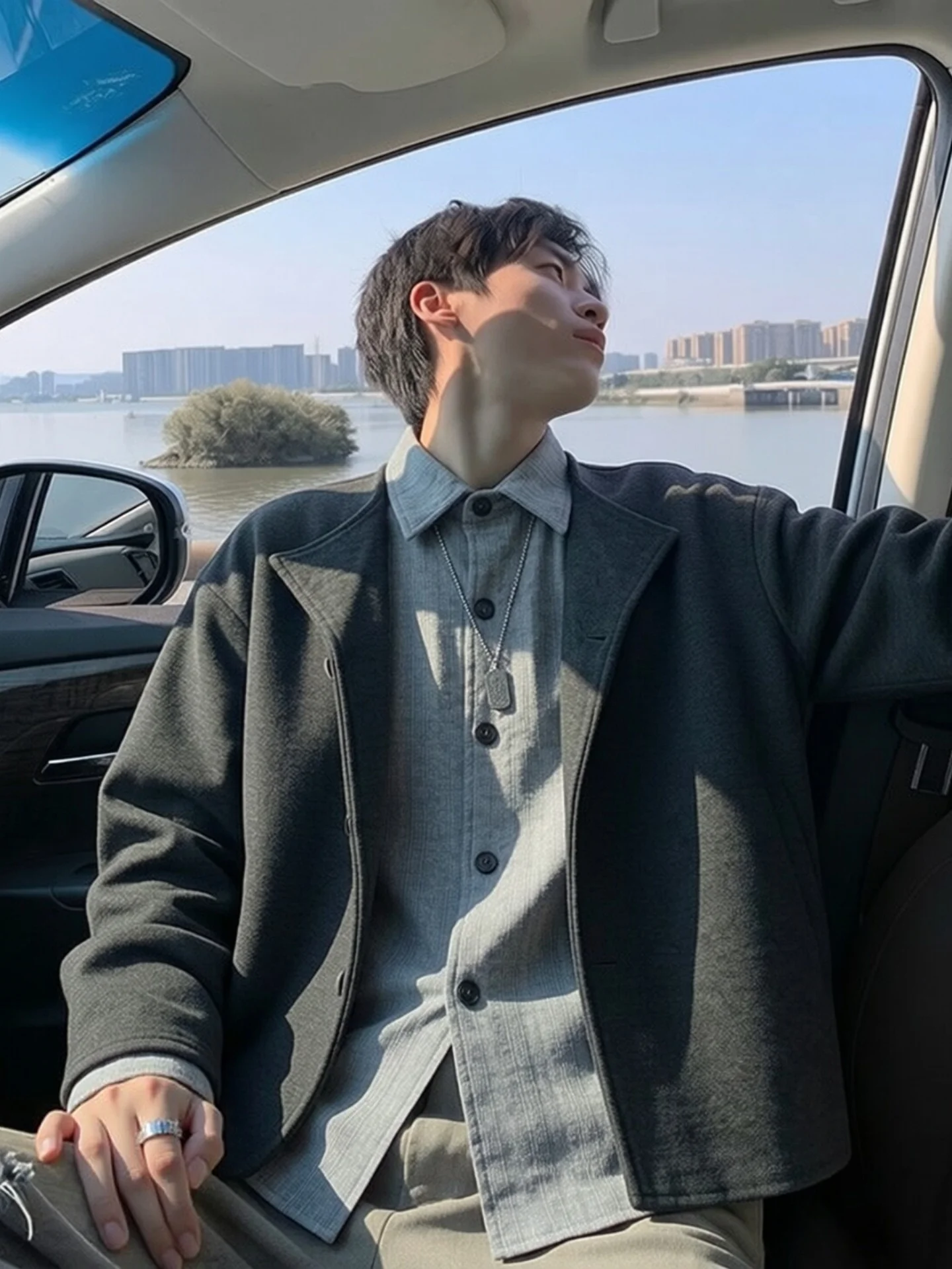 Men's Flannel Shirt Collar Knitted Sweater Jacket Youth Trendy Splicing Wheat Spike Embroidery Fake Two-Piece Spring Cardigan