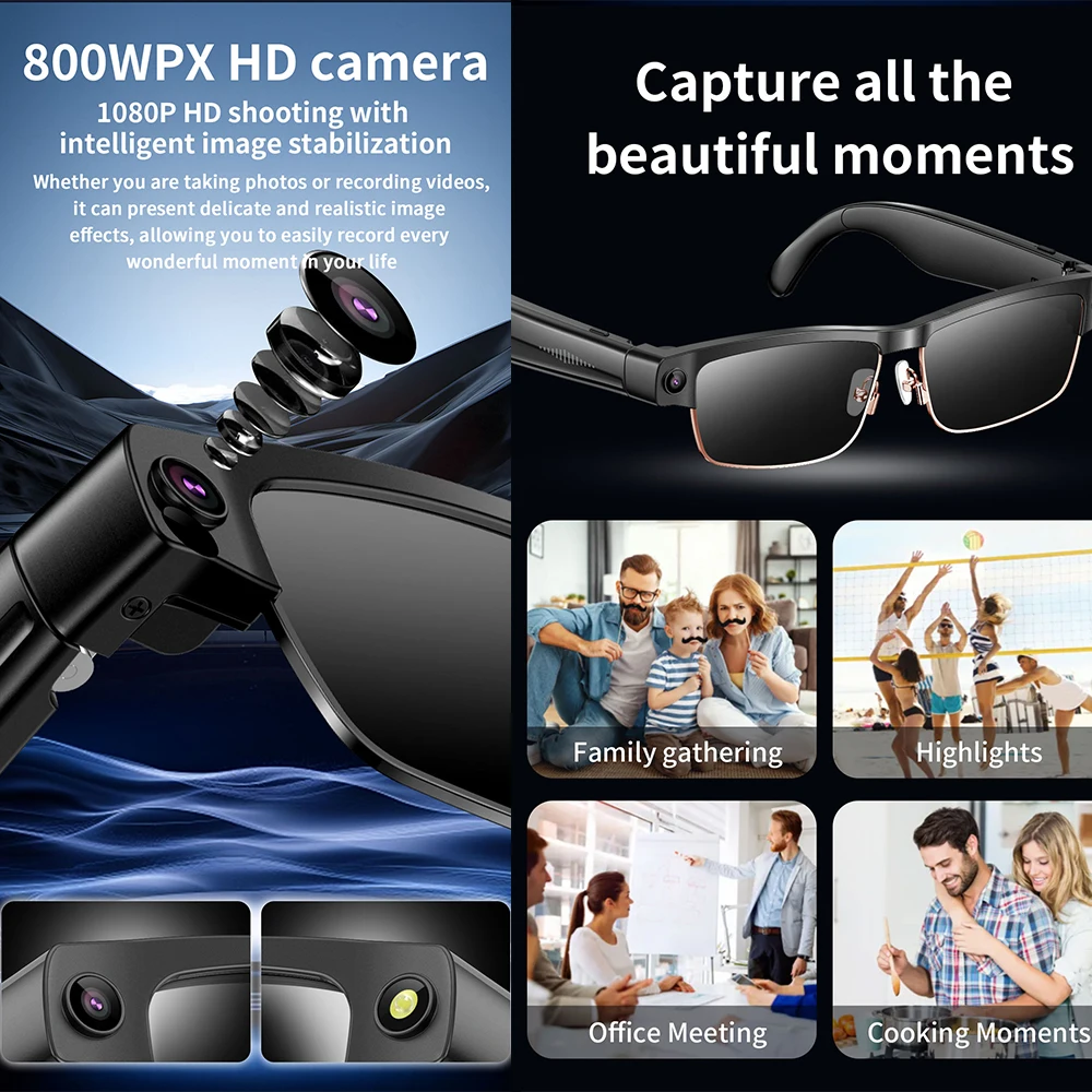 LB02 AI Smart Glasses 8MP HD 1080P Anti‑Shake Camera Bluetooth Call Open‑Ear Real‑Time Translation Object Recognition Sunglasses