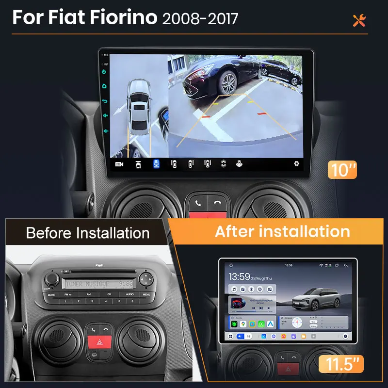 Autoradio sans fil AWESAFE CarPlay Android pour Fiat Fiorino 2008-2017 avec navigation GPS, Bluetooth, WiFi, démarrage rapide, DSP, FM, Plug & Play