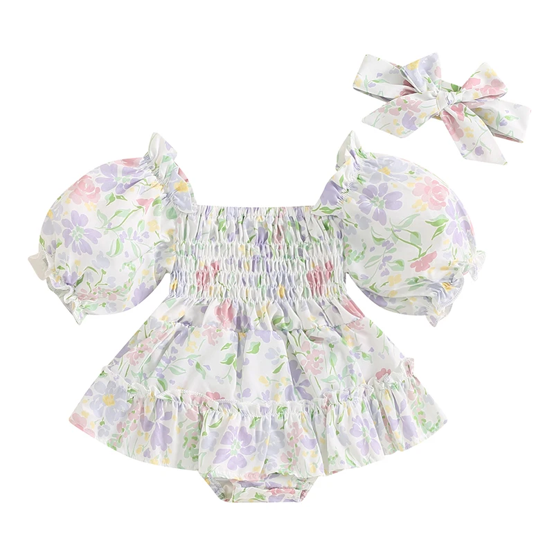 

Baby Girls Floral Romper Dress Short Puff Sleeve Shirred Jumpsuit with Bow Headband