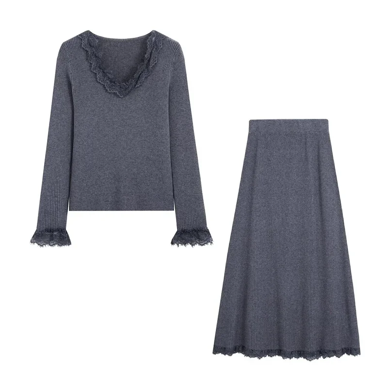 Guobioziy Classic Commuter Style Women s 2026 Fall Winter New Long Sleeve  Lace Knit Top and Long Skirt Set Elegant Stylish