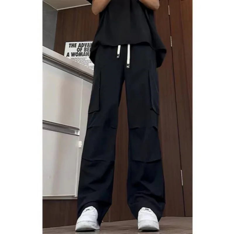 American Paratrooper Overalls Men's Summer Thin Quick-Drying Pleated Design Pants Drawstring Wide Leg Straight Casual Pants