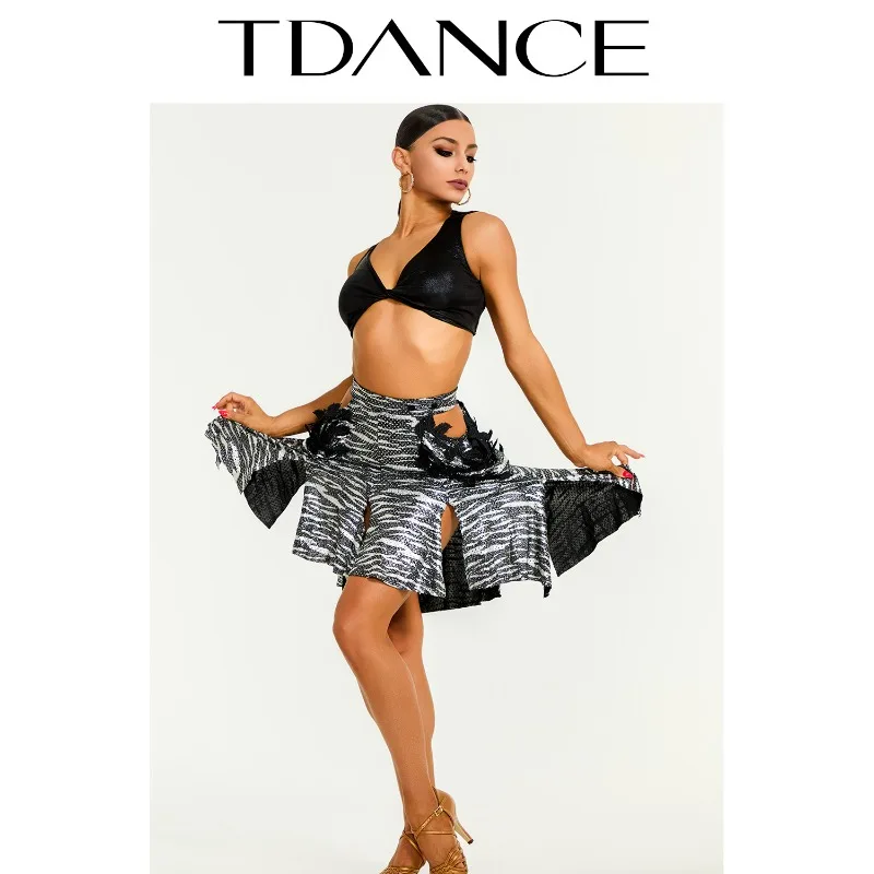 Gonna per esercizi latini TDANCE personalizzata [Mezza gonna con nastro di giunzione cava in vita] con pantaloni inferiori Grande altalena per donna adulta GL-63