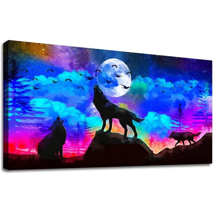 Wolf packs diamond painting cross stitch moon, blue starry sky scenery full drill mosaic abstract color view 3D embroidery decor