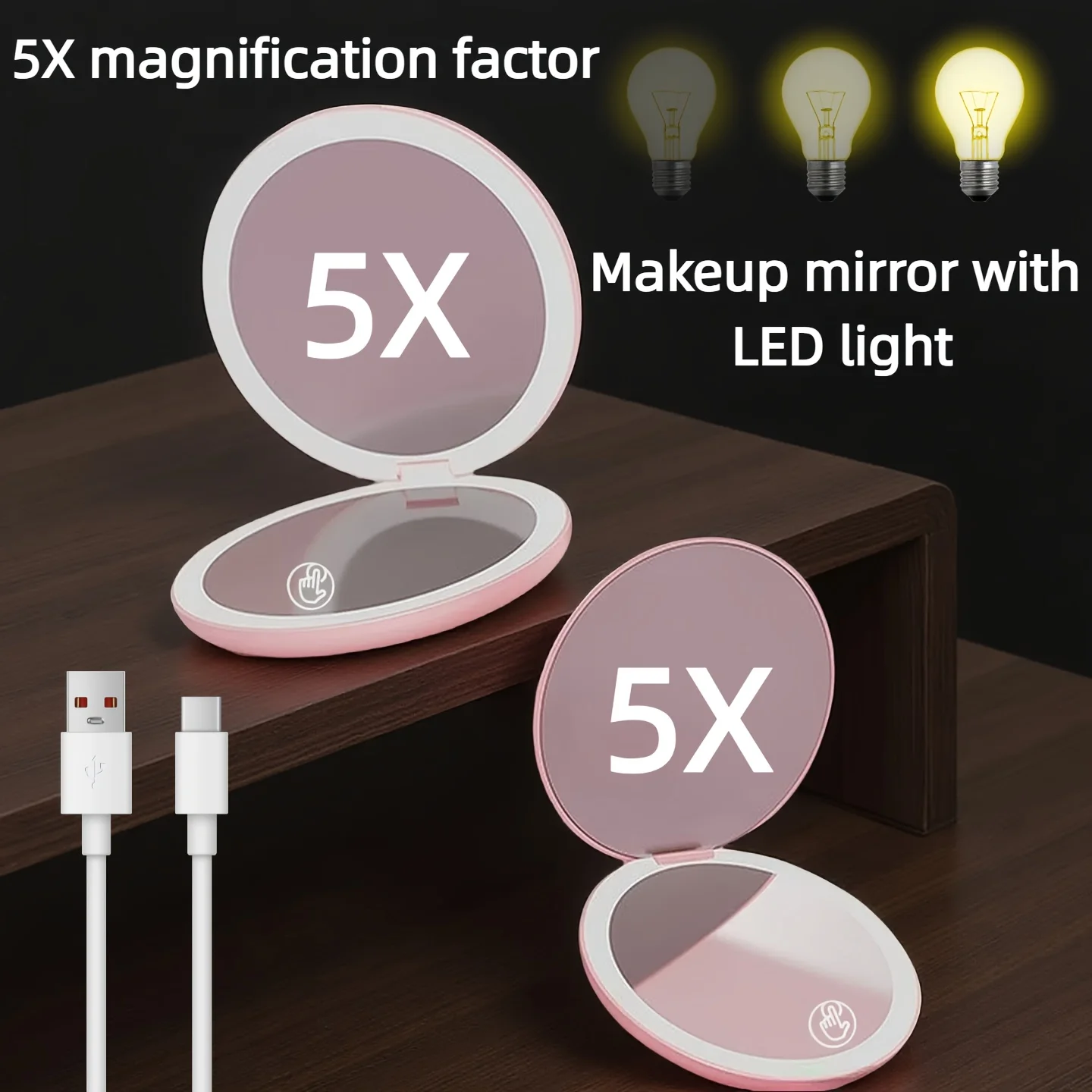 1 stuk 5x dubbelzijdige ronde make-upspiegel met led-driekleurige verlichting met USB-oplaadkabel, voldoen aan verschillende scènes, ideaal voor make-up, touch-up, huidverzorging, reinigende poriën, aanraakbaar om de kaptafel vast te houden, perfect cadeau voor vrouwelijke vrienden