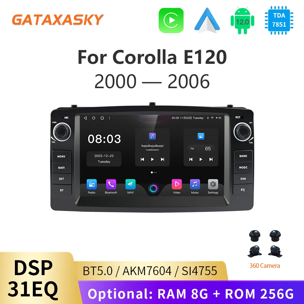 GATAXASKY Android 12 Wireless CarPlay Android auto Car Radio Multimedia GPS for Toyota Corolla E120 2003-2006 BYD F3 Stereo 