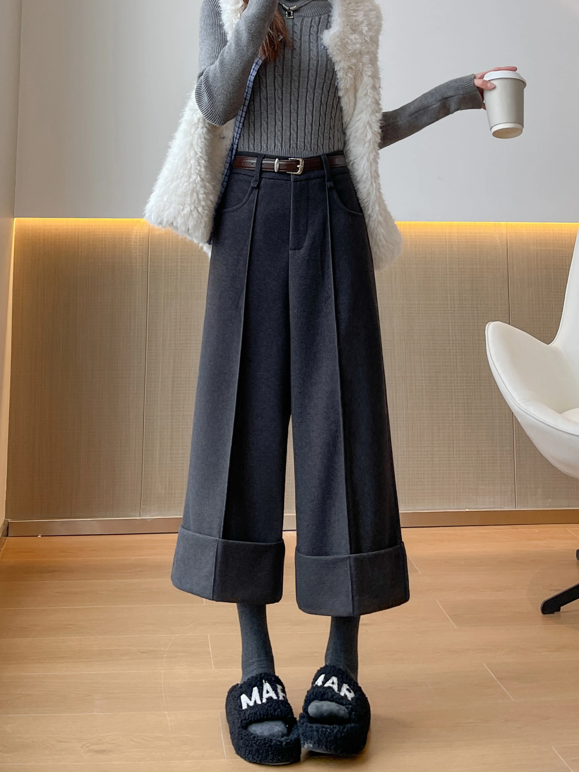 กางเกงขายาวทรงตรงผ้าวูลสำหรับผู้หญิง สไตล์ลำลอง ใส่ได้ทั้งฤดูใบไม้ร่วงและฤดูหนาว ไซส์เล็ก เอวสูง ทรงหลวม