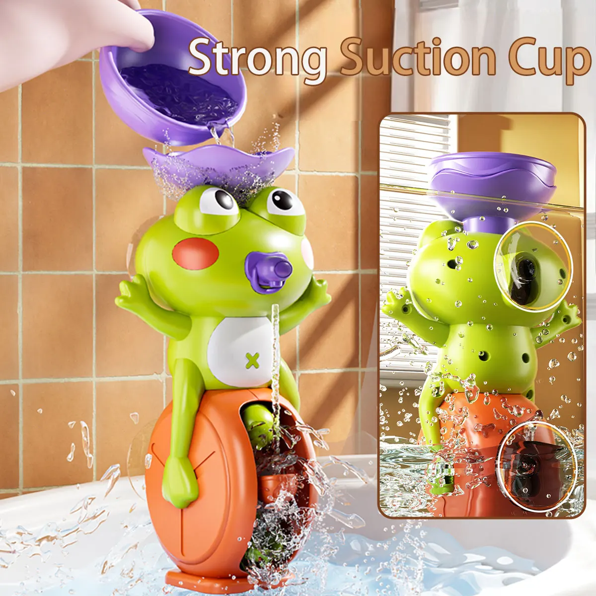 لعبة حمام على شكل عجلة مائية لطيفة على شكل ضفدع للأطفال الصغار، لعبة لعب مائية في الحمام هدية استحمام للأطفال مع كوب شفط دوار #2