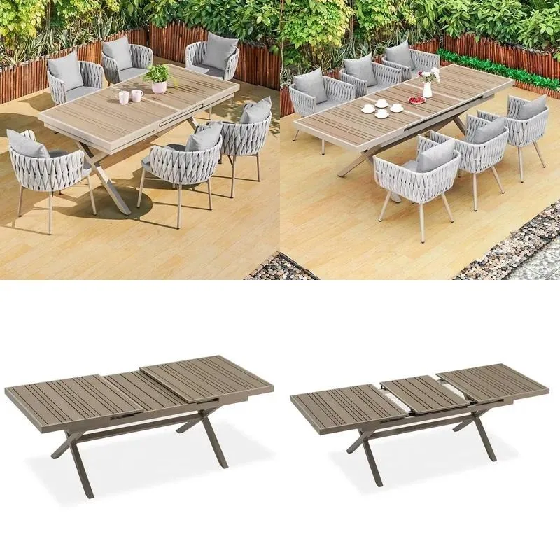 Outdoor Plastic Wood Dining Table and Chair Set Retractable Aluminum Frame Waterproof Modern Garden Courtyard Balcony