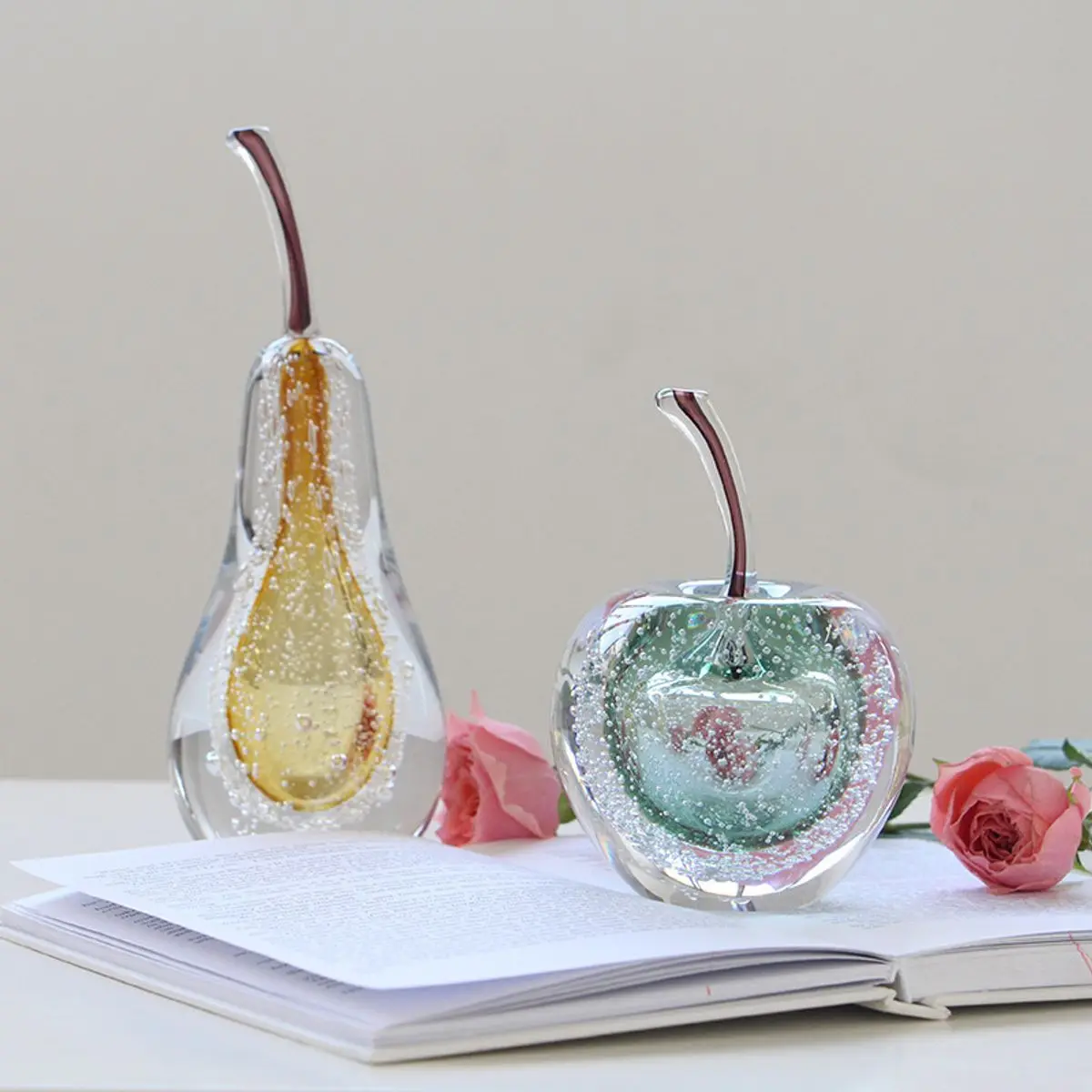 

Hand Blown Glass Apple and Pear Sculptures Clear Decorative Gift Pieces with Floating Color Cores and Metallic Stems Home Accent
