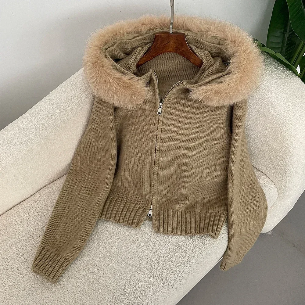 Hooded Real Fox Fur Collar Cardigan Natural Fur Coat for Women 2024 Fashion Autumn Winter Casual Fashion Short Knitted Jacket