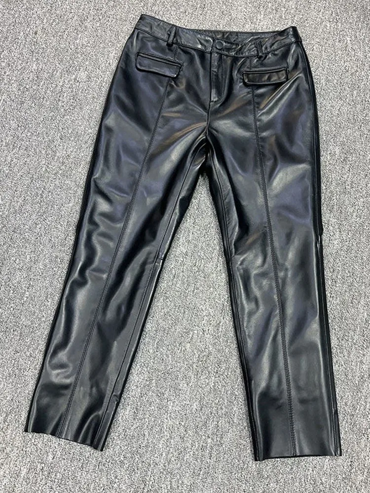 Designers Women Autumn Winter Versatile Genuine Leather Pants Straight leg Real Sheepskin Wide Leg Pant Casual Lady High Waist