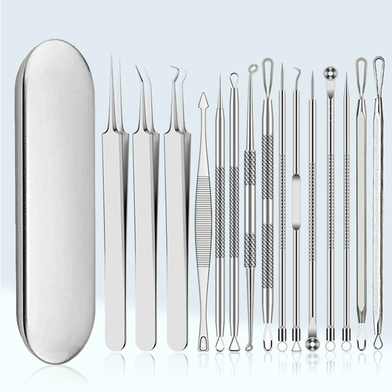 Kit removedor de cravo de aço inoxidável, 15 peças, conjunto de ferramentas de espinhas com extrator de comedone, pinças de acne, agulhas de beleza para cuidados faciais