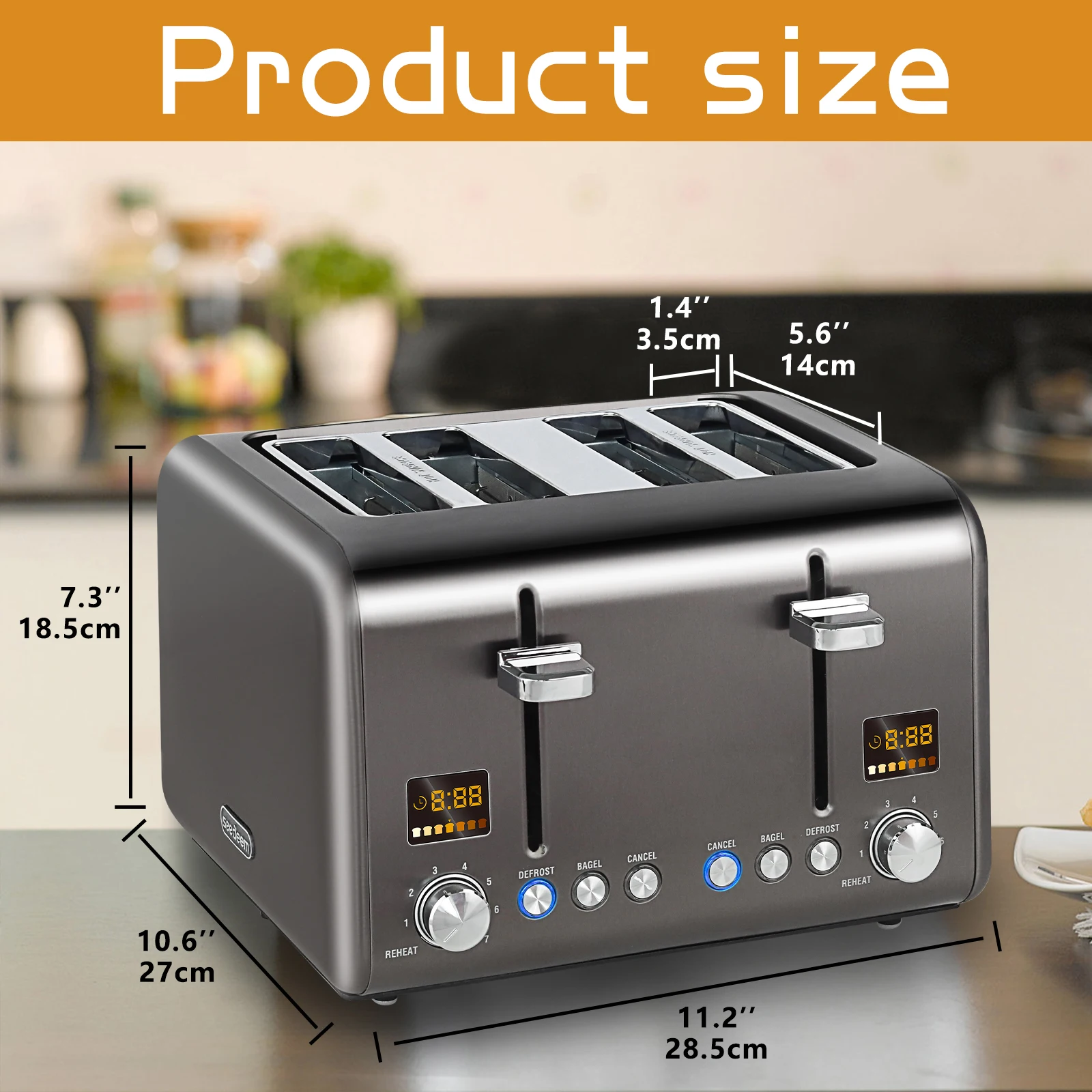 4 Slice Toaster,Stainless,Smart Control,7 Bread Shade Settings,1.4'' Wide Slots,4-in-1 Functions,Removable Crumb Tray,Grey,1800W