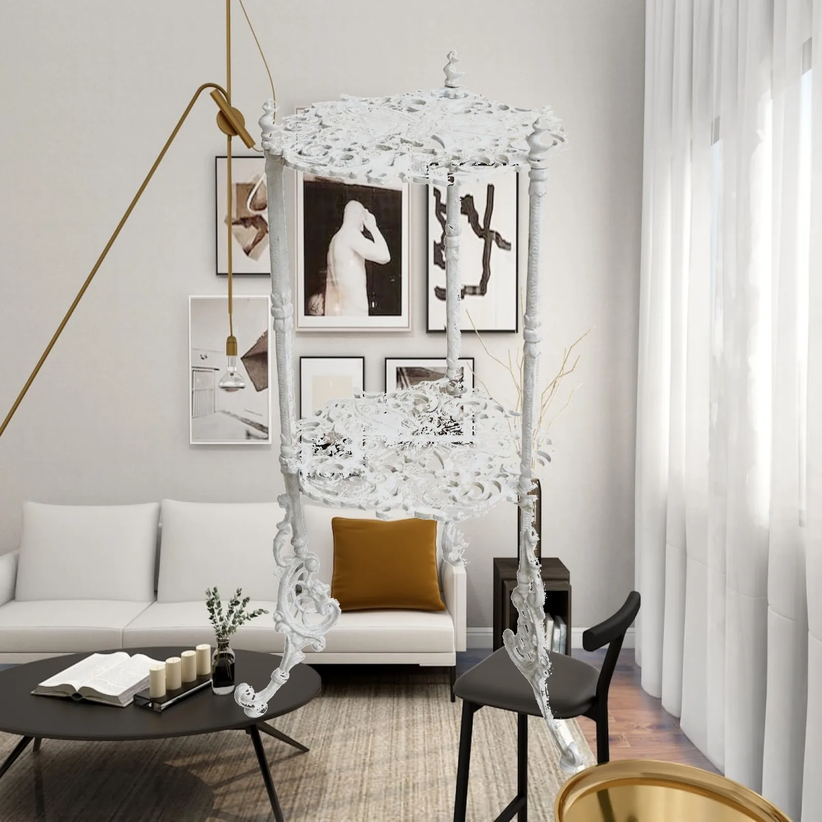 Ornate Metal Plant Stand with Scroll Detailing Freestanding Metal Plant Stand with Openwork Shelves Rack Indoor Outdoor