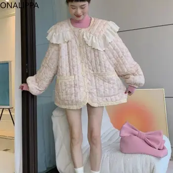 Onalippa-女性のための花柄の冬のコート,大きなラペル,ピーターの襟,ピンクのコート,韓国のストライプ,プリーツ,甘いジャケット