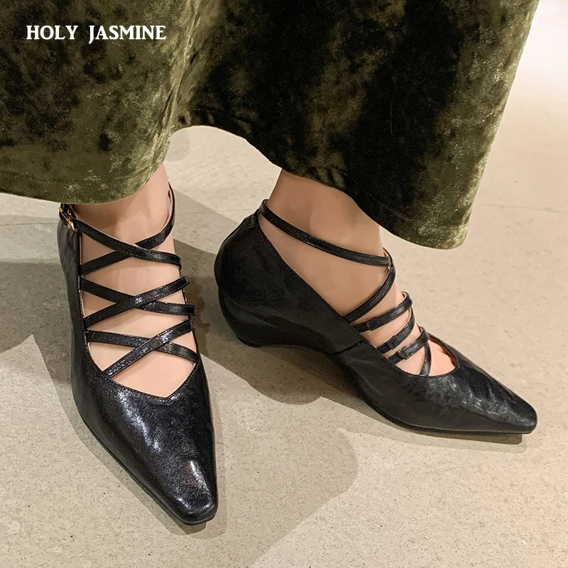 2024 New Fashion Strange Thick Heels Women Full Genuine Leather Pumps Pointed Toe Solid Color Plus Size 34-40 Dress Party Shoes