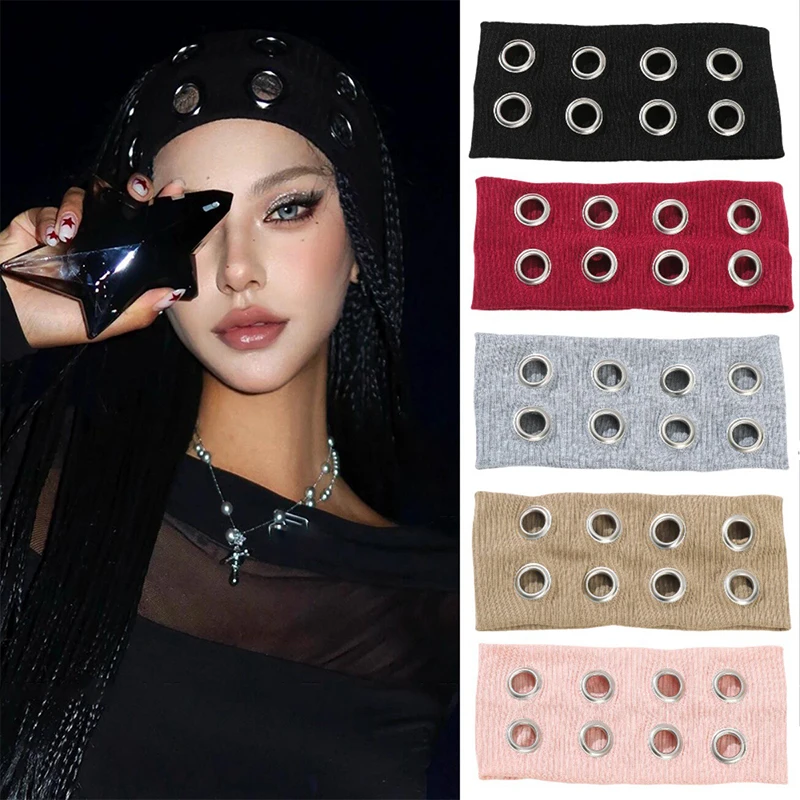 

Широкая эластичная повязка на голову в стиле панк для девочек с выдолбленными люверсами Y2K, металлические повязки на голову в стиле рок для женщин, аксессуары для волос в стиле хип-хоп для девочек, новинка 2023 года