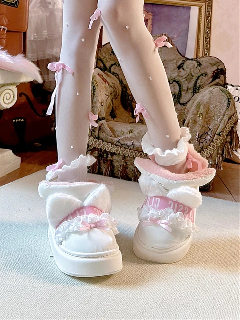 Japanese Sweet Style Lolita Kawaii Girls Cotton Shoes Winter Warm Round Head Comfortable Cute Cat Bowknot Lace 3cm Boots AliExpress