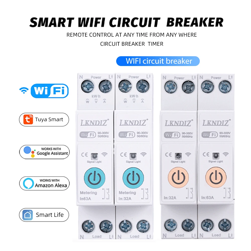 New 1 Pole WIFI Smart Circuit Breaker With Metering 63A Wireless Remote Control Switch by TUYA APP Voltage Kwh Meter Time Relay