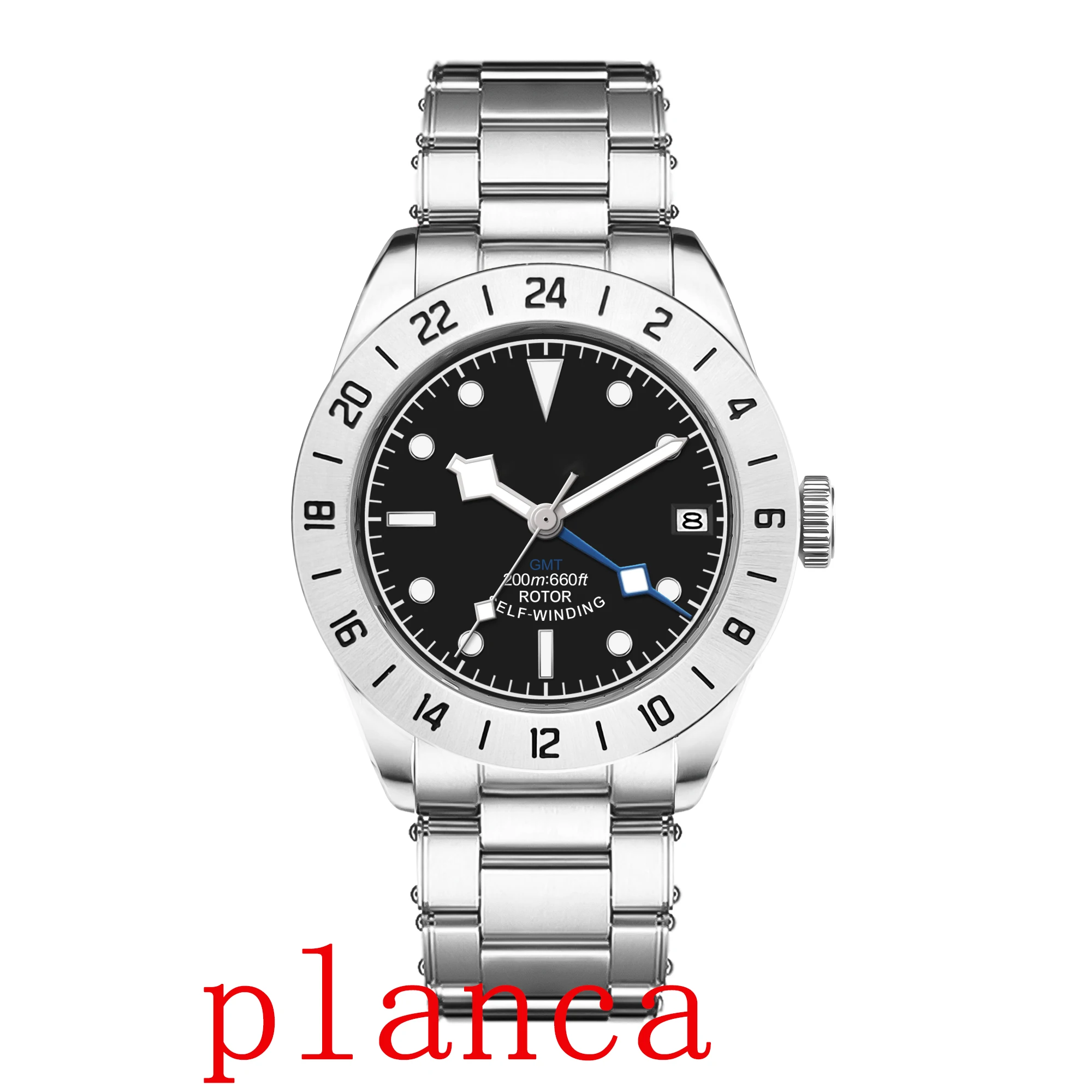 39mm カスタムロゴ NH34 GMT シルバー ステンレススチール腕時計（固定ベゼル、サファイアガラス付き）