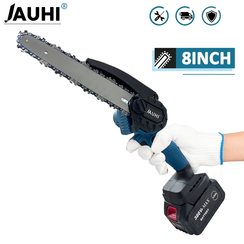 JAUHI 8 Inch Brushless Electric Chain Saw Cordless Mini Handheld Pruning Saw Woodworking Cutting Tool For Makita 18V Battery