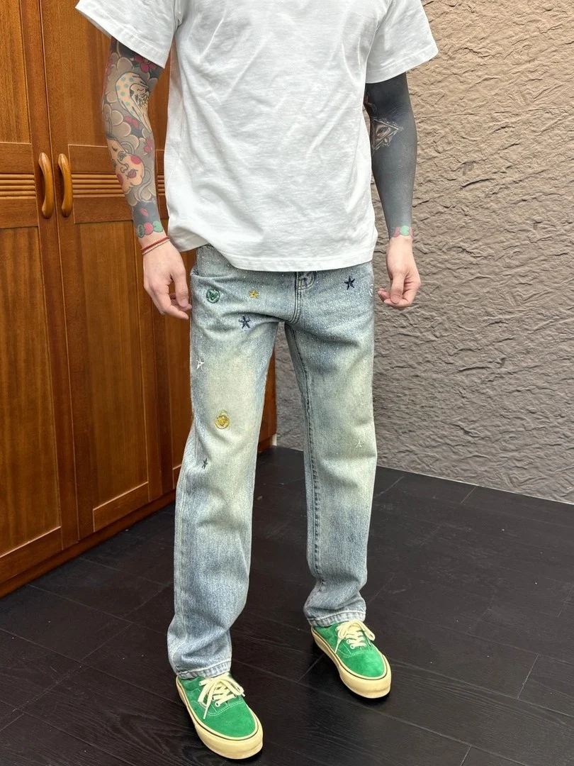 

Retro American Heavy Embroidery Rhinestone Straight Leg Men's Jeans Slim Fit Casual Faionable Long Trousers