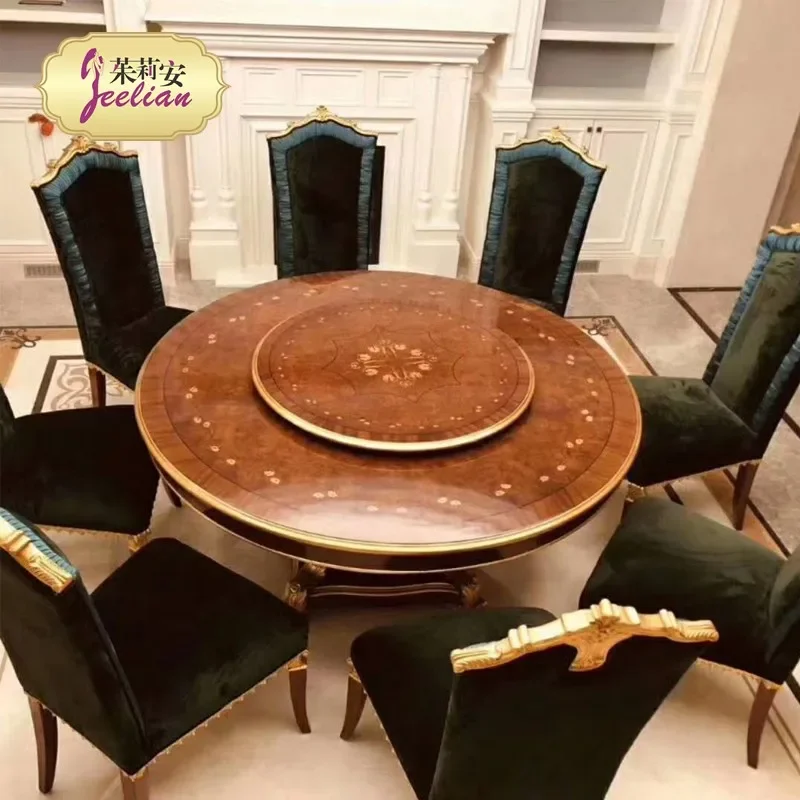 European style dining table and chair combination solid wood gold foil fabric round brown wood veneer parquet dining table