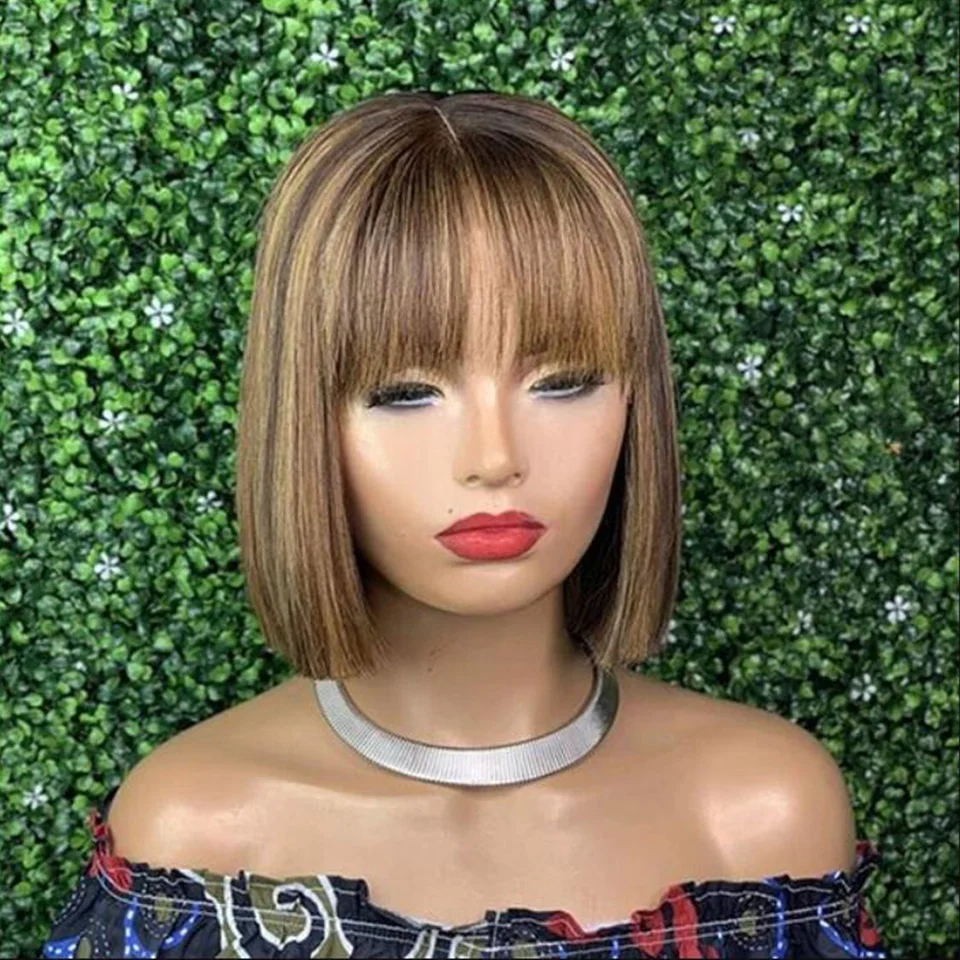 

India Straight Bob Lace Wigs Straight Human Hair Wigs With Bangs #4/27 Brown Fringe Middle Part Bob Lace Wigs Realistic Scalp