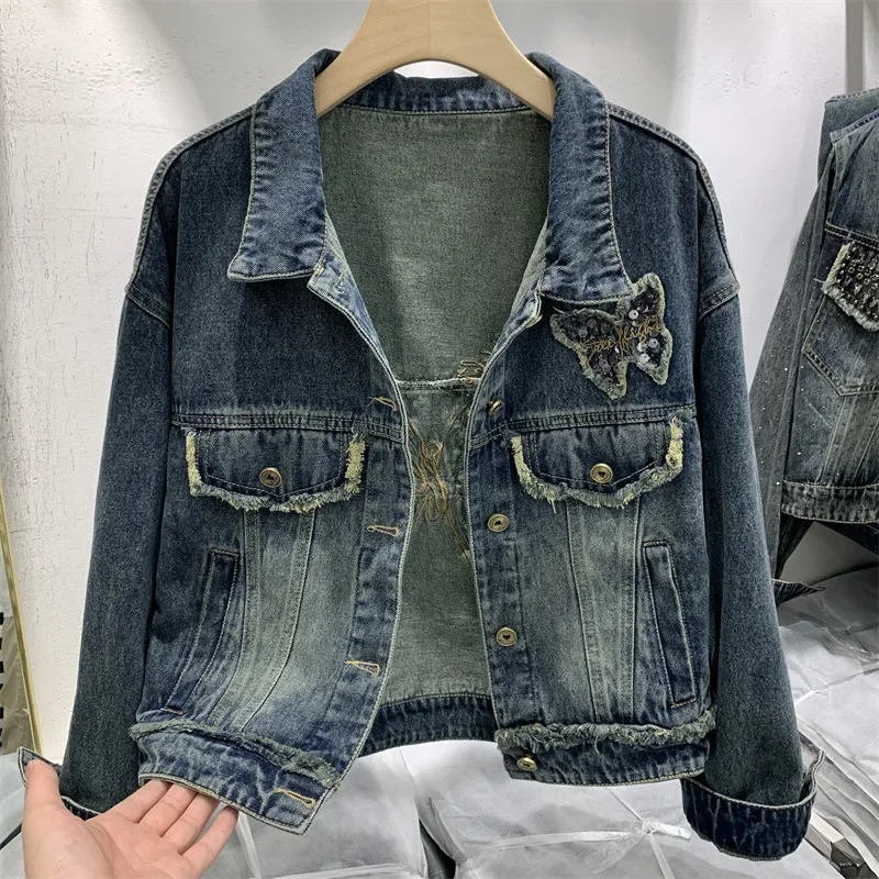 

American Butterfly Embroidered Denim Jacket Women's autumn and winter new fashion design sequined raw edge stitching jacket